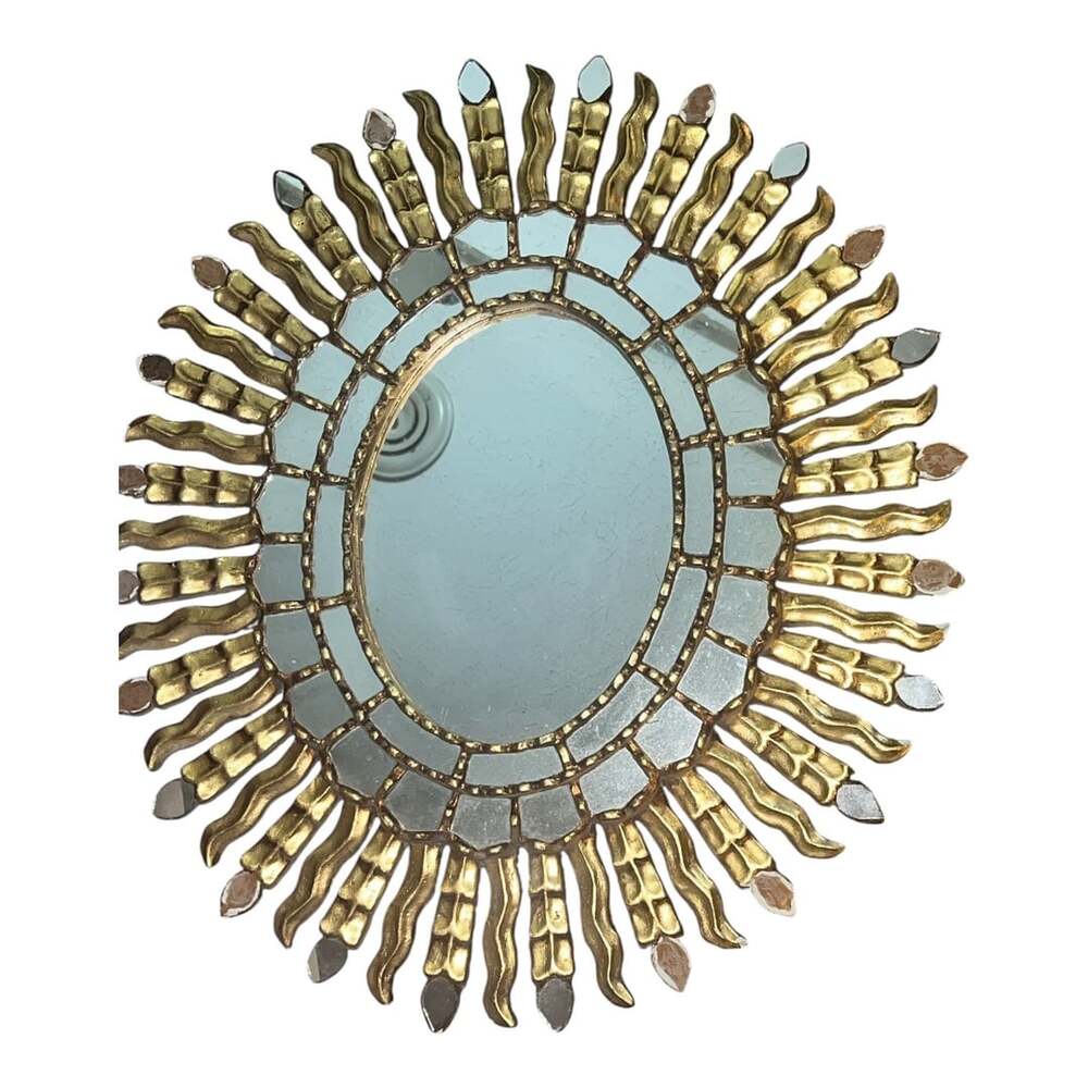Vintage Gold Gilt Wood Sunburst Wall Mirror with Oval Center